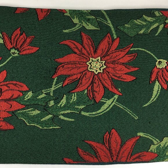 Poinsettia 69 x 13 Christmas Table Runner Red & Green Floral Holiday Tapestry - Picture 5 of 16